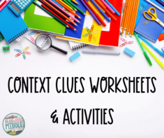 Context clues worksheet and activities cover page with school supplies in background