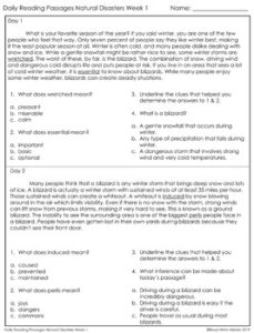 Daily Reading Comprehension Passages & Questions Natural Disasters Week ...