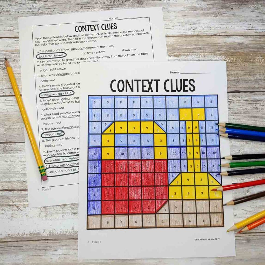 End of the Year Context Clues Color by Number Activity for Middle School
