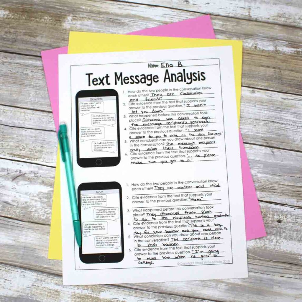 End of the Year Text Message Analysis Activity for Middle School