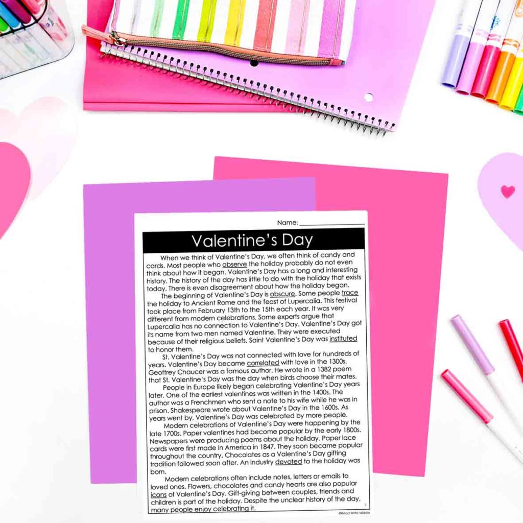 Valentine's Day Reading Activities for Middle School