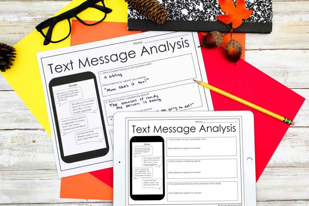 Example of print and digital text message analysis that is a reading comprehension activity for middle school students