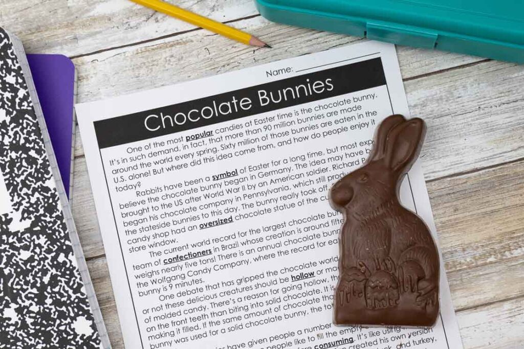 Image of chocolate bunnies reading passage as an after spring break activity for middle school