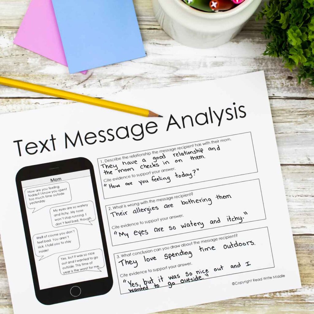 Image of text message analysis activity after spring break activity for middle school