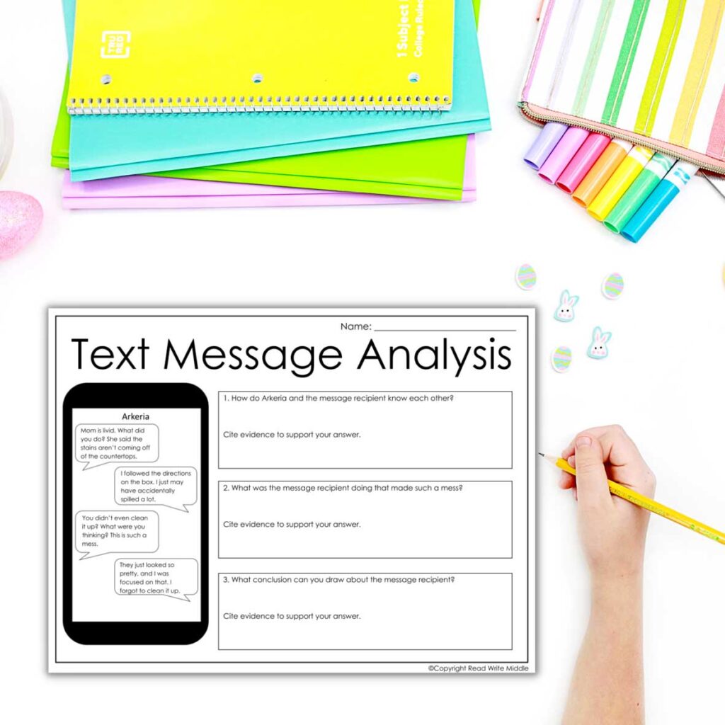 Easter Reading Activities & Worksheets for Middle School example of Text Message Analysis