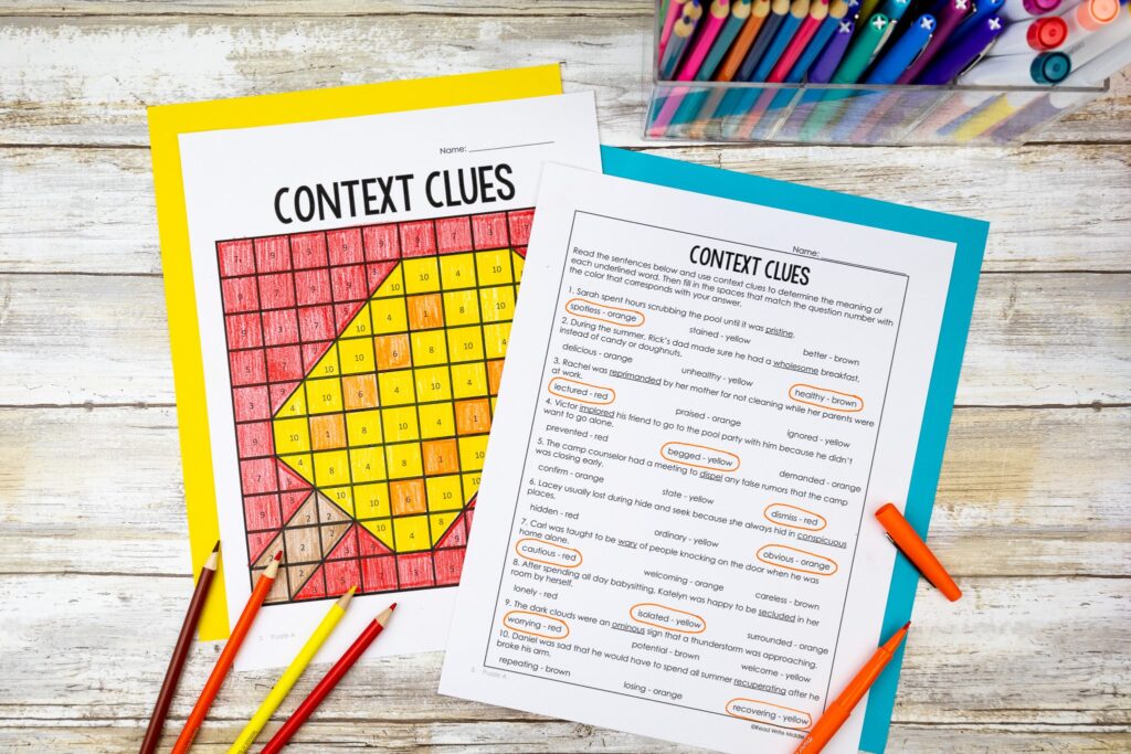 End of the Year Activities for ELA context clues color by number image