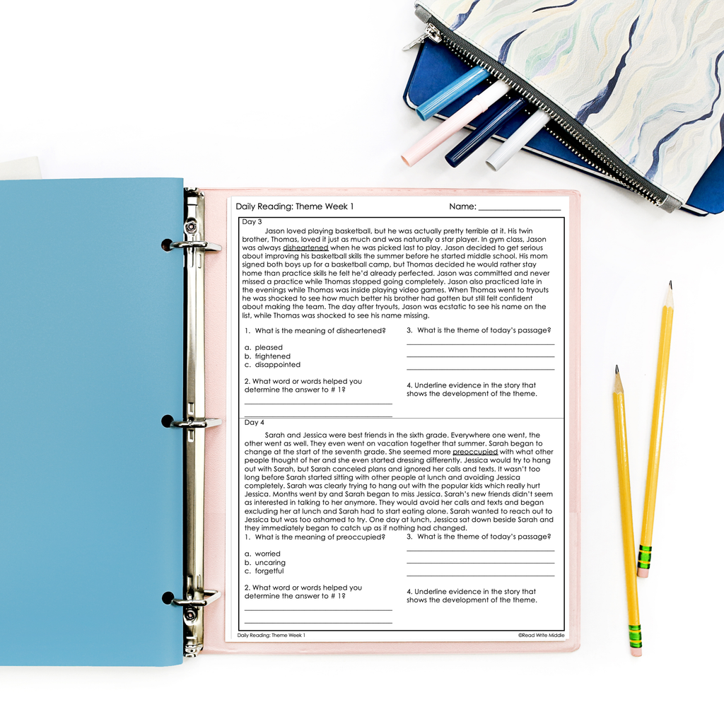 Daily reading comprehension passage with context clues practice for middle school students